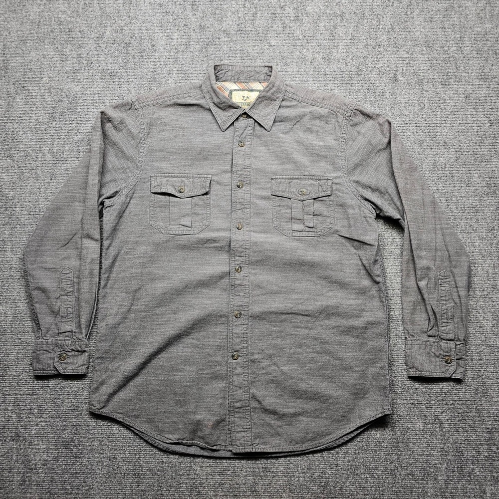 Outdoor Life Mens M Gray Cotton Long Sleeve Button Down Shirt Plaid Trim Flap